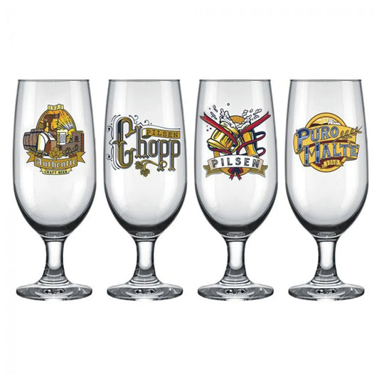 Conjunto 4 Taças de Cerveja Floripa 300 ml Nadir – Vidro Transparente Decorado | Linha Pokal