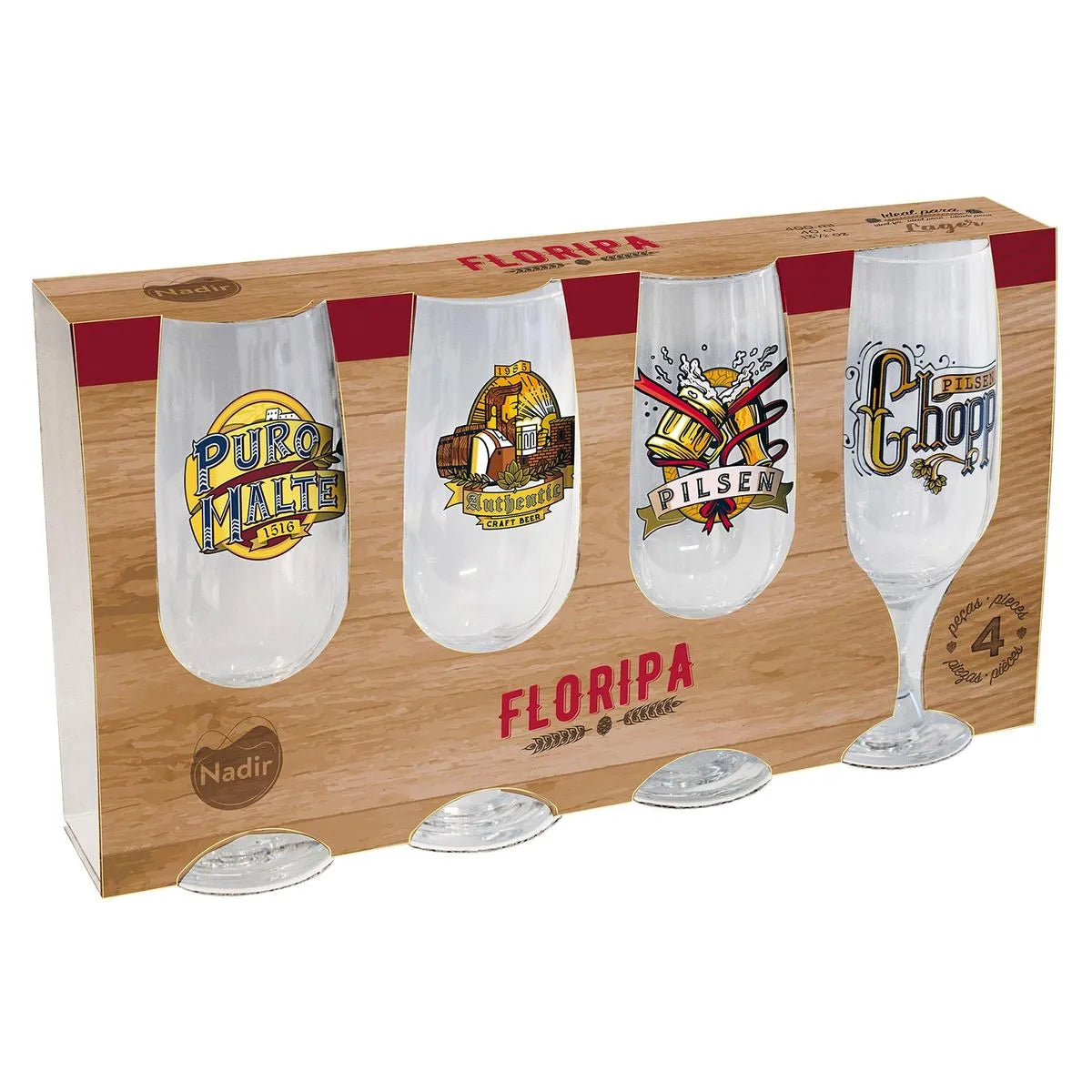 Conjunto 4 Taças de Cerveja Floripa 300 ml Nadir – Vidro Transparente Decorado | Linha Pokal