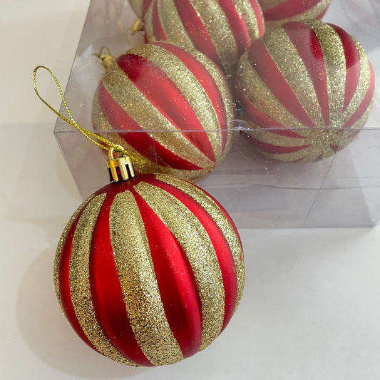 Bola de Natal Decorada em PVC – Kit 6 und – Ø 8 cm – Vermelho & Dourado – Enfeite Árvore Natalina | FlorArte