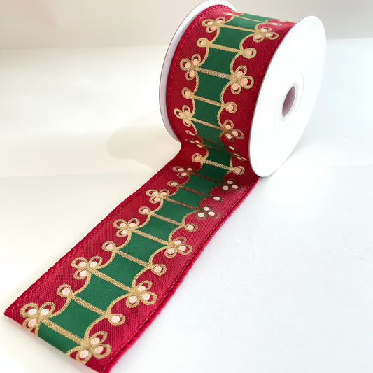 Fita Aramada de Linho Decoração Vermelha, Verde, Detalhes Dourados 6,3 cm x 9,14 m FlorArte – Ideal para Laços & Decoração