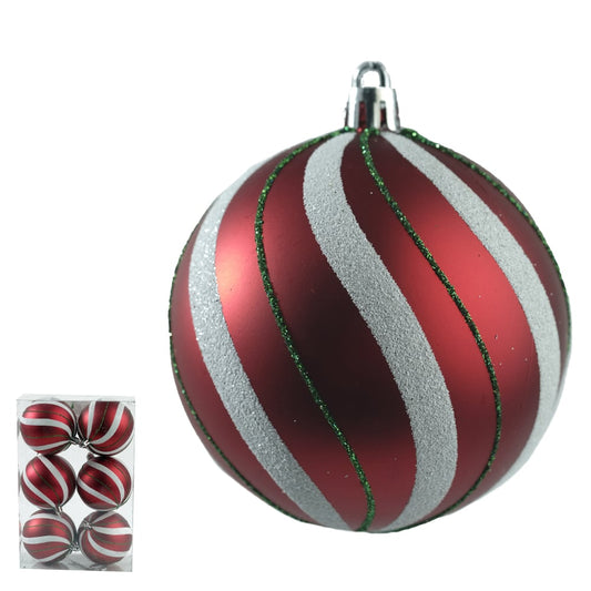 Bola Decorada Natal 8 cm FlorArte – Kit 6 unidades em PVC Vermelho com Detalhes Brancos – Enfeite de Árvore de Natal Premium
