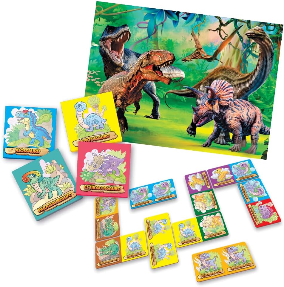 3 Jogos em 1 Dinossauros - Quebra Cabeça, Jogo da Memória e Dominó - GGB Brinquedos