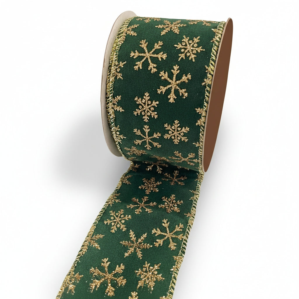 Fita Decorativa FlorArte 6,3 cm x 9,14 m Veludo Aramado com Glitter Verde / Dourado