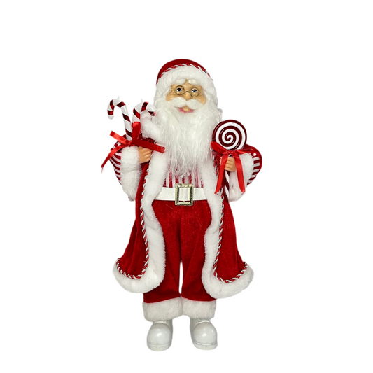 Papai Noel em Pé 45 cm Vermelho e Branco com Listrados Carregando Pirulito e Bengalas - Decoração de Natal | FlorArte
