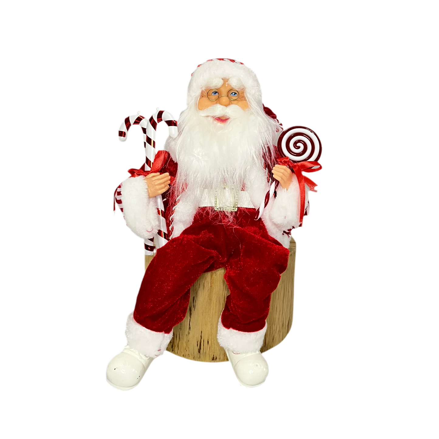 Papai Noel Sentado 45 cm Vermelho e Branco Carregando Bengalas e Pirulito - Decoração de Natal | FlorArte