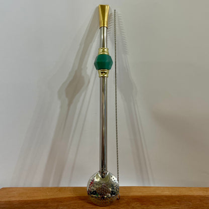 Bomba de Chimarrão Aço Inox 25 cm com Rosca - Bocal Dourado - Decoração Pedra Acrílica | Garibaldi