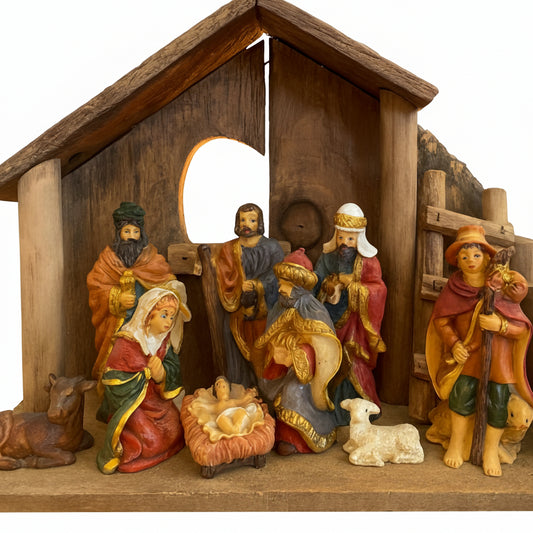 Presépio com Casinha de Madeira e Figuras em Resina 30 x 22 x 11 cm – Decoração Natalina Tradicional | Natal, Espiritualidade, Presente