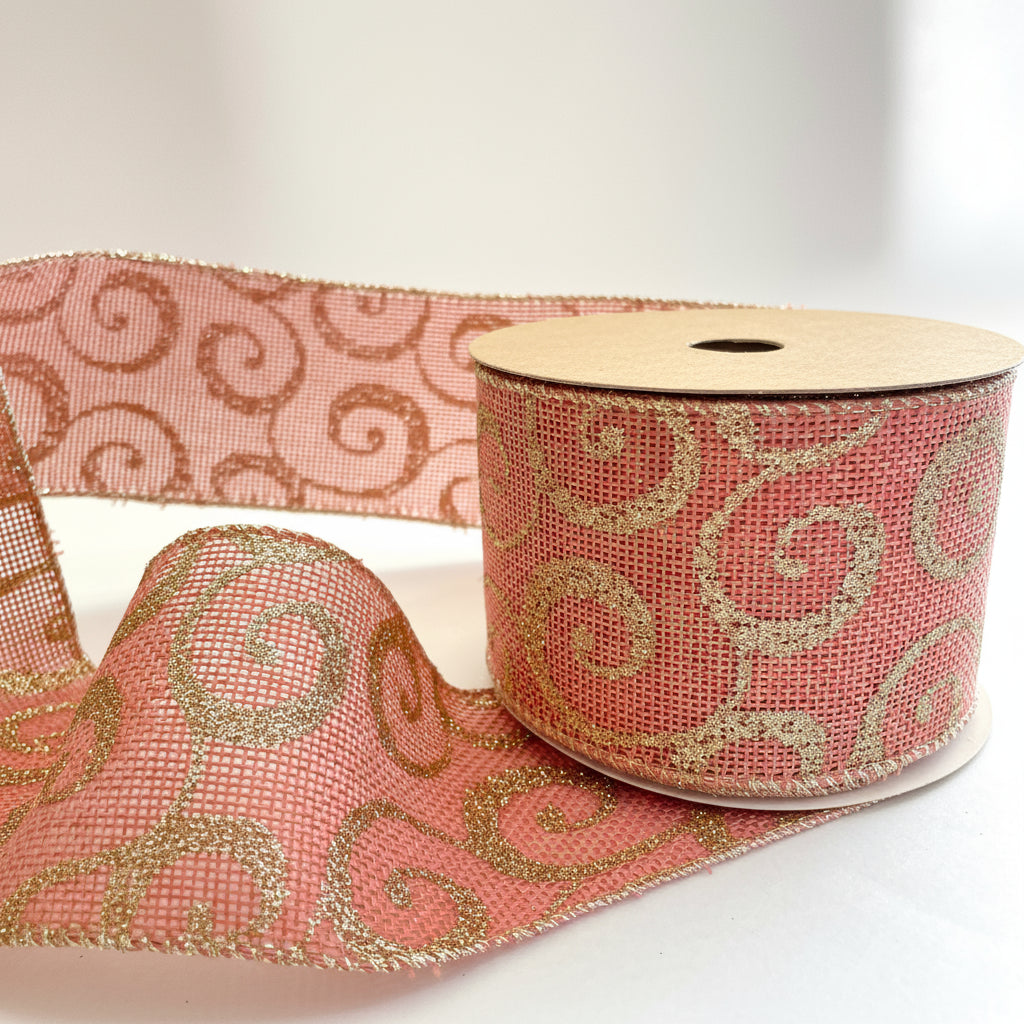 Fita Aramada 6,3 cm × 9,14 m Decorativa Rosa Detalhes Dourados Florarte – Tecido com Arame | Decoração de Natal