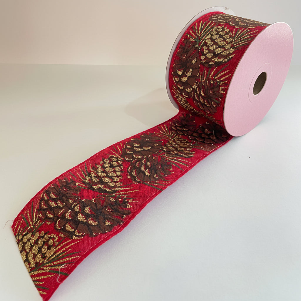 Fita Aramada Tecido com Costura 6,3 cm x 9,14 m Vermelho com Pinhas FlorArte – Arame Interno, Laços e Decoração