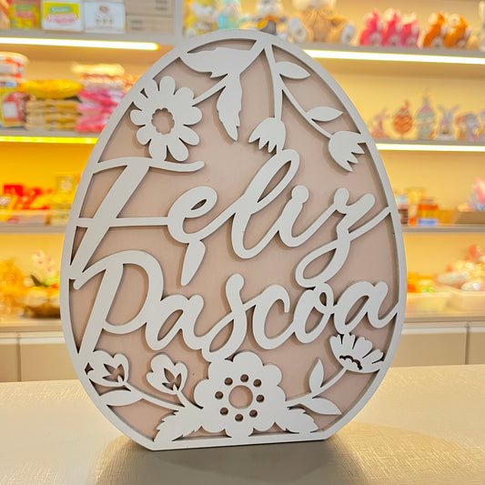 Placa Decorativa Ovo Feliz Páscoa em MDF | Rosa e Branco | FlorArte