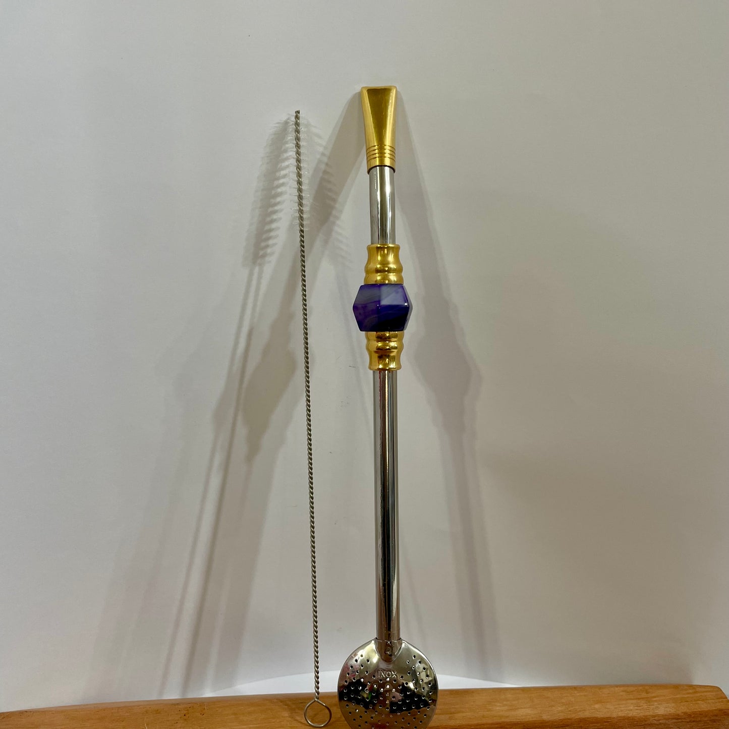 Bomba de Chimarrão Aço Inox 25 cm com Rosca - Bocal Dourado - Decoração Pedra Acrílica | Garibaldi