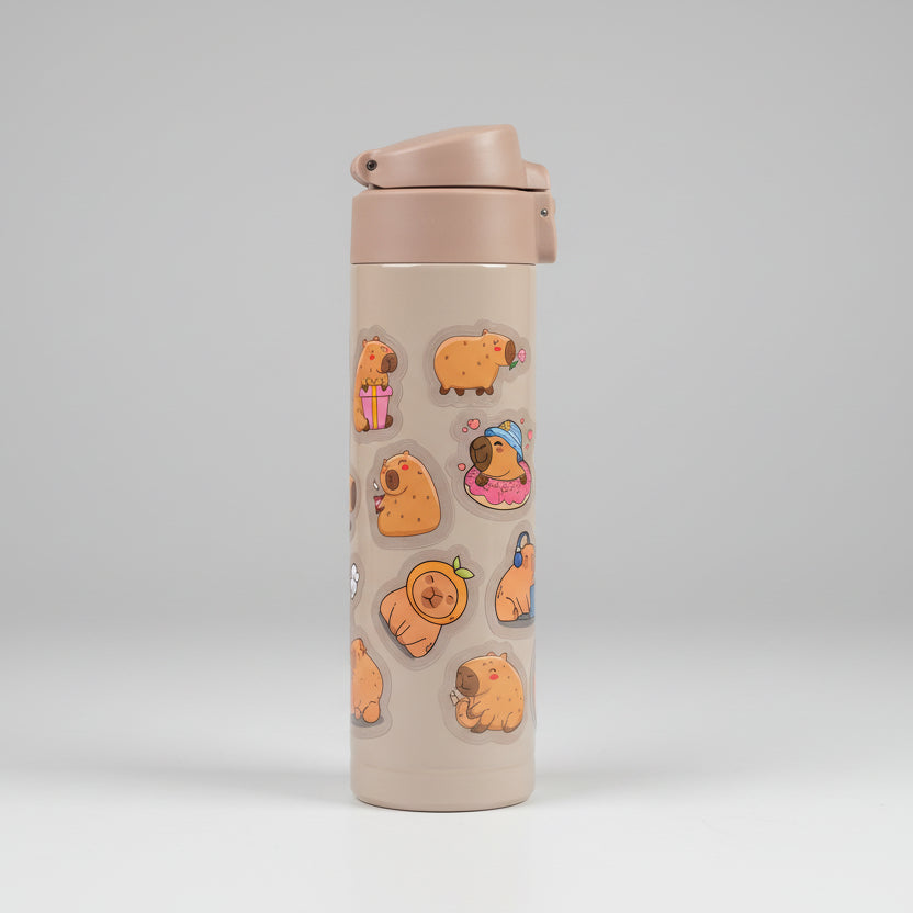 Garrafa Térmica Inox 420 ml Capivara – Aço Inoxidável, Adesivos Divertidos, Tampa com Trava, Portátil e Reutilizável