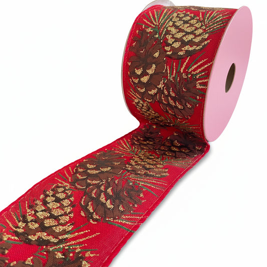 Fita Aramada Tecido com Costura 6,3 cm x 9,14 m Vermelho com Pinhas FlorArte – Arame Interno, Laços e Decoração