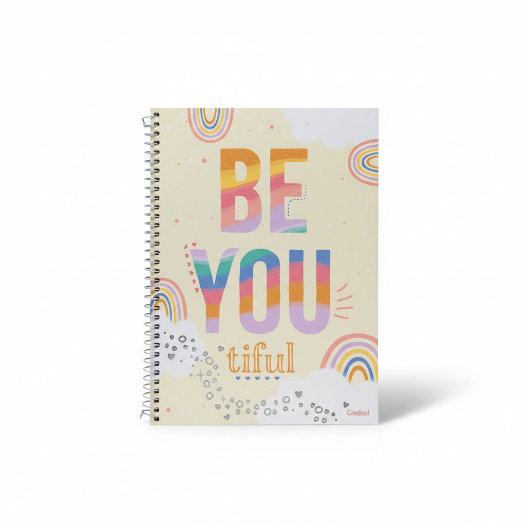 Caderno Arco‑Íris 1 Matéria 80 Folhas Credeal – Capa Dura Espiral Universitário | Design Motivacional Colorido