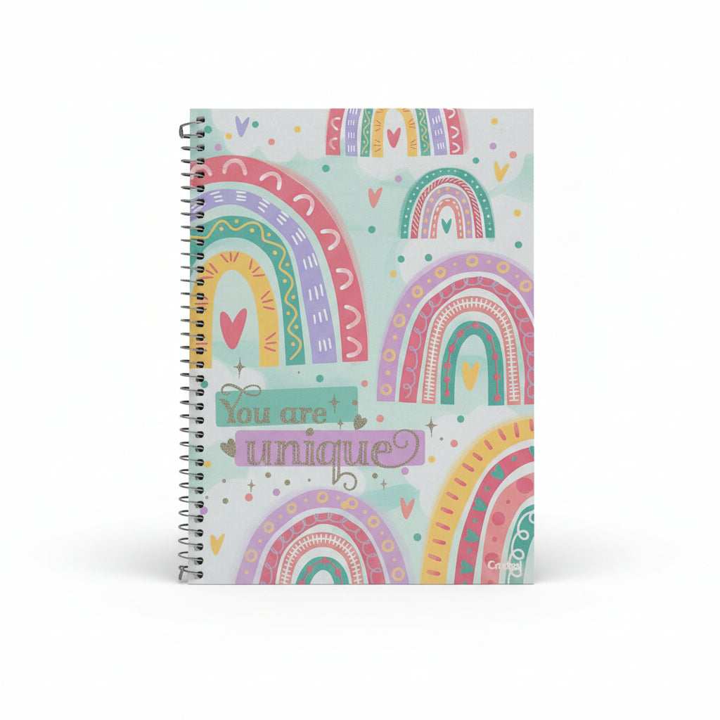 Caderno Arco‑Íris 1 Matéria 80 Folhas Credeal – Capa Dura Espiral Universitário | Design Motivacional Colorido