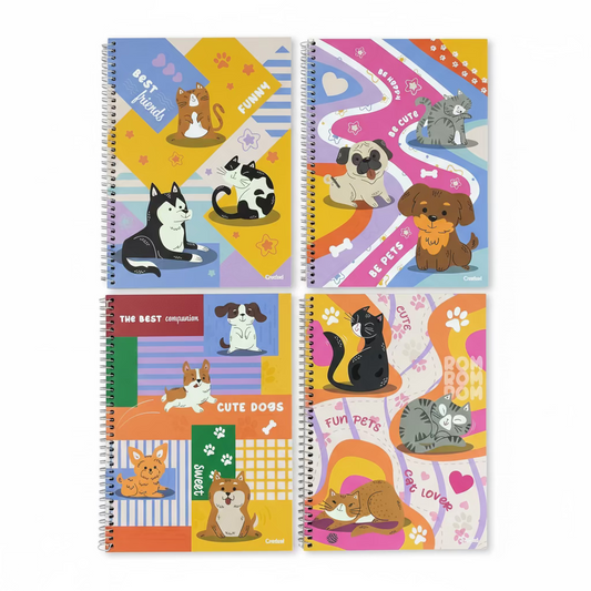 Caderno Pet Fun Credeal – 1 Matéria, 80 Folhas, Capa Dura, Universitário | Estampas de Pets