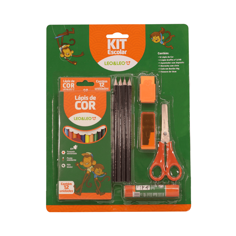 Kit Escolar 6 Peças - Lápis de Cor, Lápis Grafite, Apontador, Borracha, Cola em Bastão, Tesoura | Leo&Leo