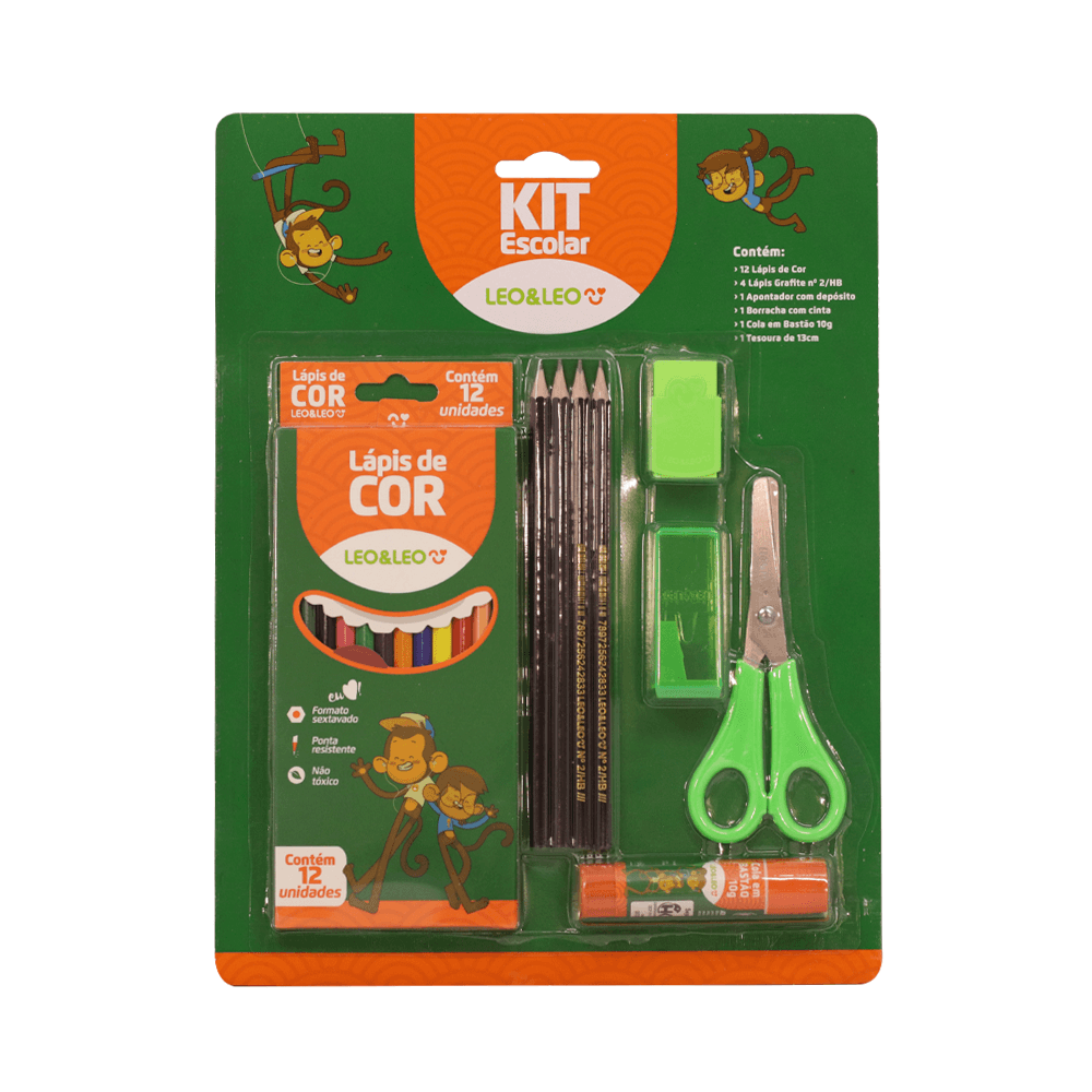 Kit Escolar 6 Peças - Lápis de Cor, Lápis Grafite, Apontador, Borracha, Cola em Bastão, Tesoura | Leo&Leo