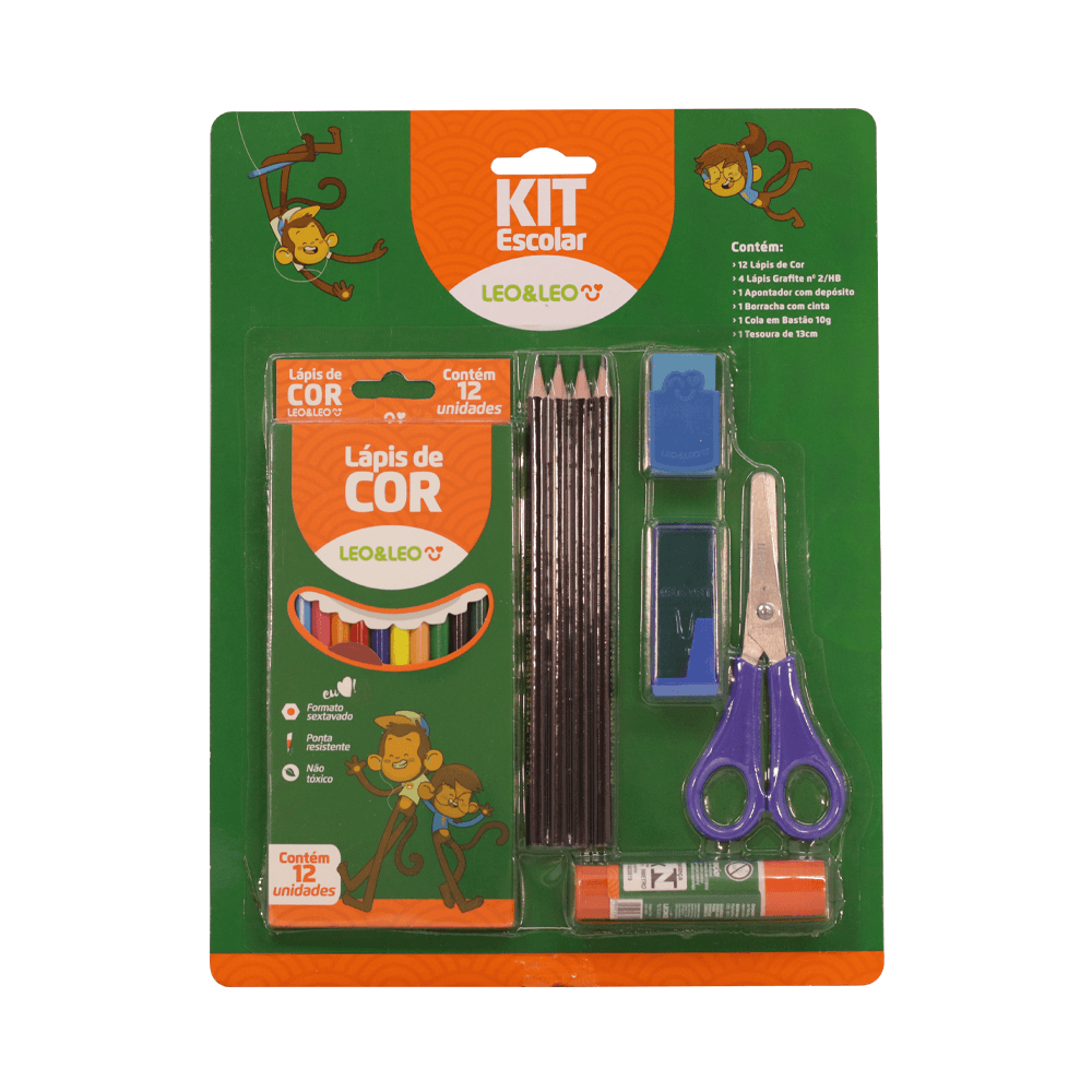 Kit Escolar 6 Peças - Lápis de Cor, Lápis Grafite, Apontador, Borracha, Cola em Bastão, Tesoura | Leo&Leo