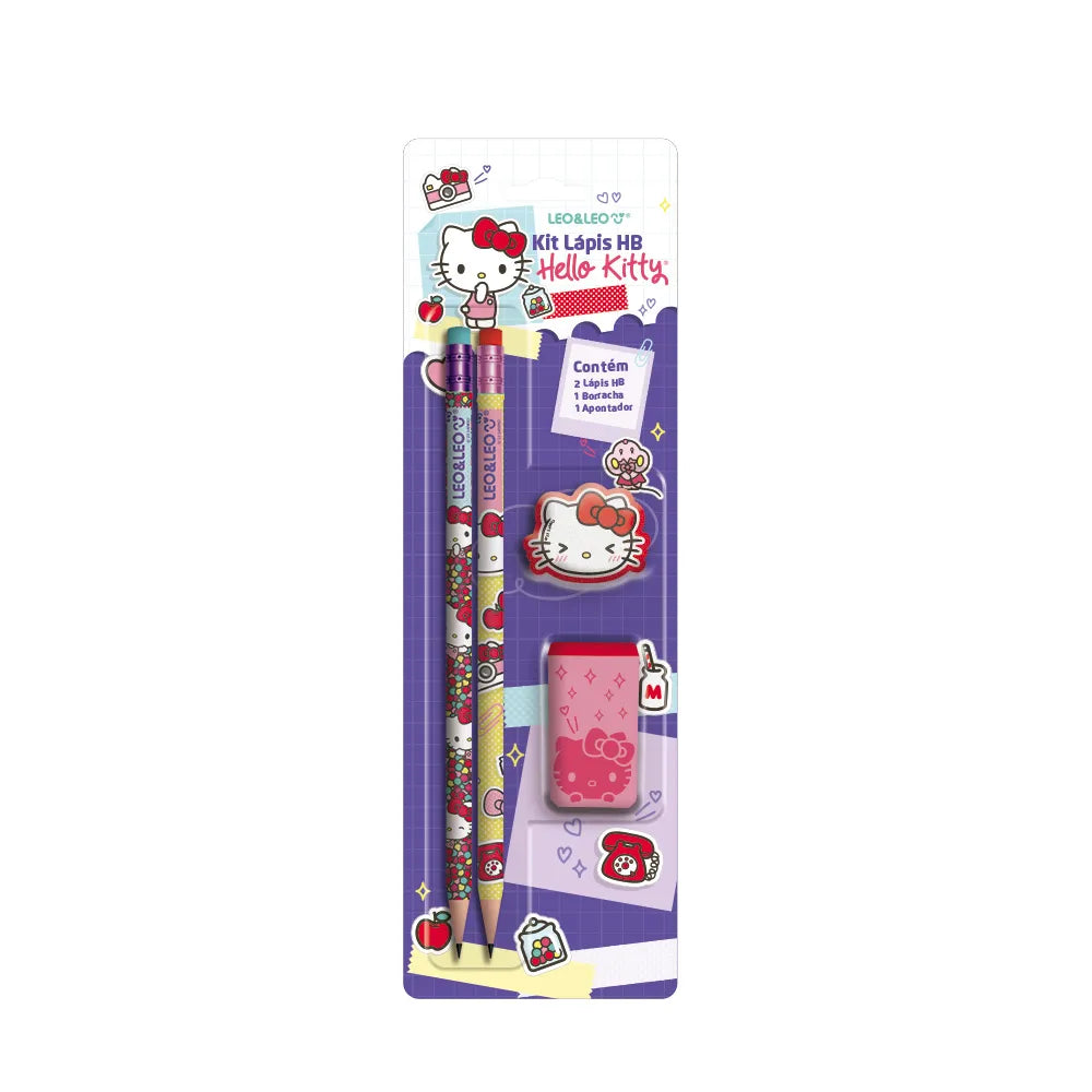 Kit Escolar Hello Kitty - 2 Lápis HB, 1 Borracha e 1 Apontador com Depósito | Leo&Leo