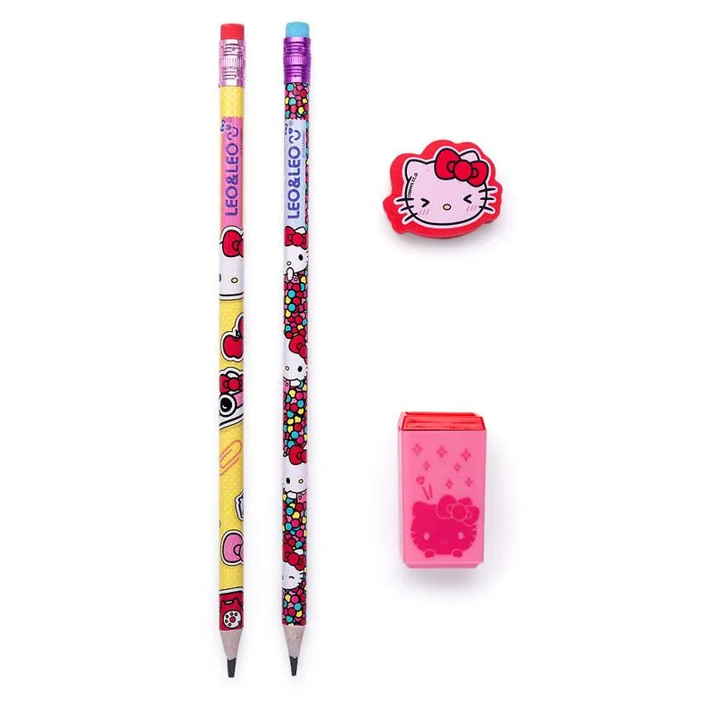 Kit Escolar Hello Kitty - 2 Lápis HB, 1 Borracha e 1 Apontador com Depósito | Leo&Leo
