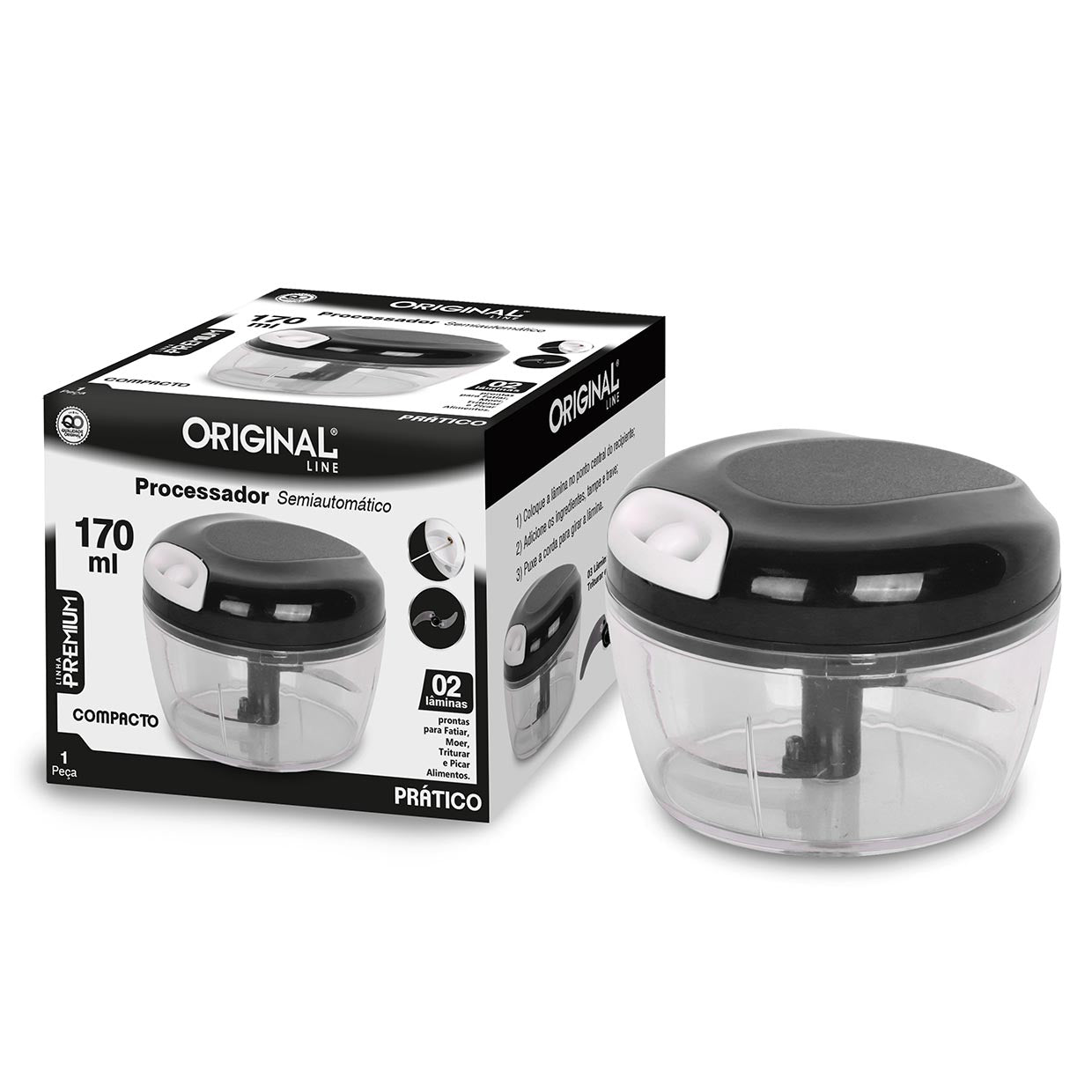 Processador Semiautomático 170 ml Original Line – 2 Lâminas Aço Inox, Mini Triturador Manual de Alimentos (compacto, sem energia)