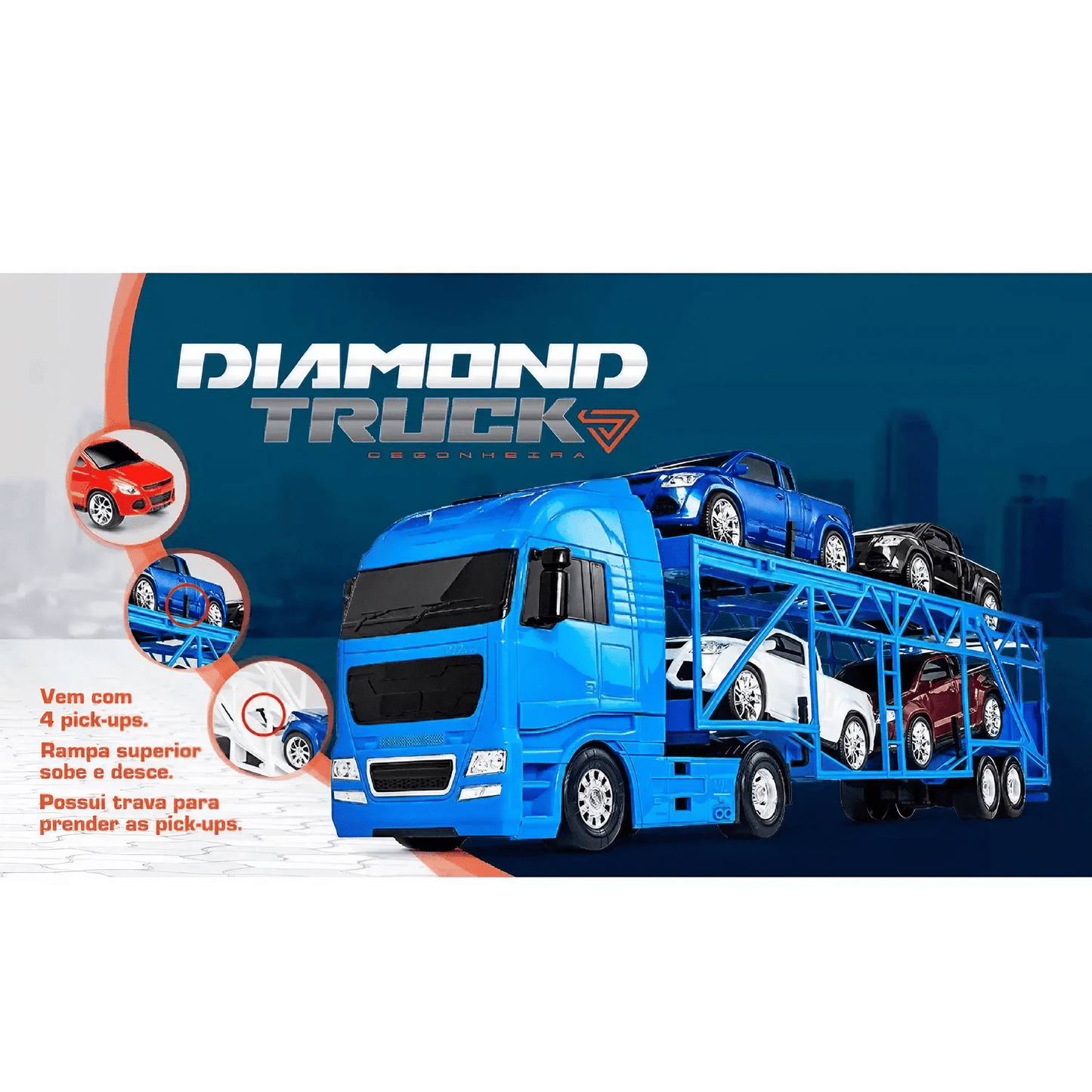 Caminhão Cegonheira Diamond Truck Roma 66 cm (Ref. 1321) – 4 Pick-ups com Rampa e Trava