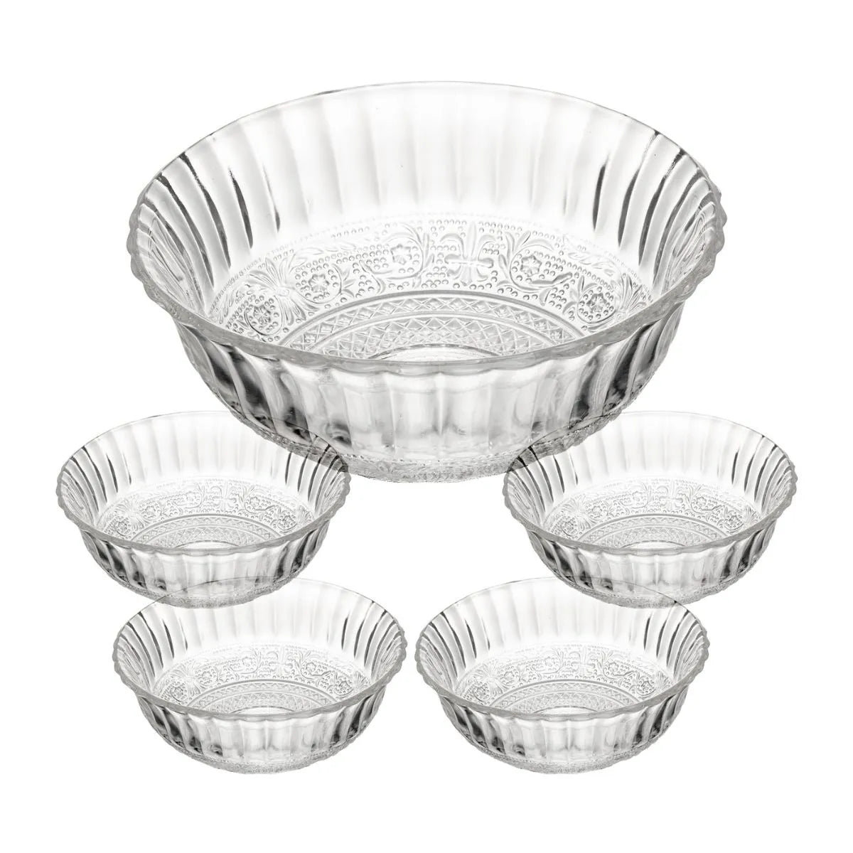Conjunto para Sobremesa 5 Peças Lyor Angel – Vidro Transparente, 1 Bowl Grande + 4 Bowls Pequenos – Elegância na Mesa