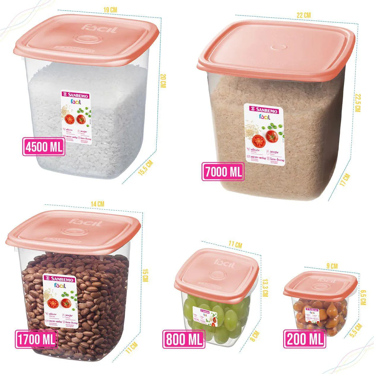 Conjunto 5 Potes Herméticos Plásticos Sanremo Fácil – 7L + 4,5L + 1,7L + 800ml + 200ml – Livre de BPA, Hermético, Micro-ondas, Freezer