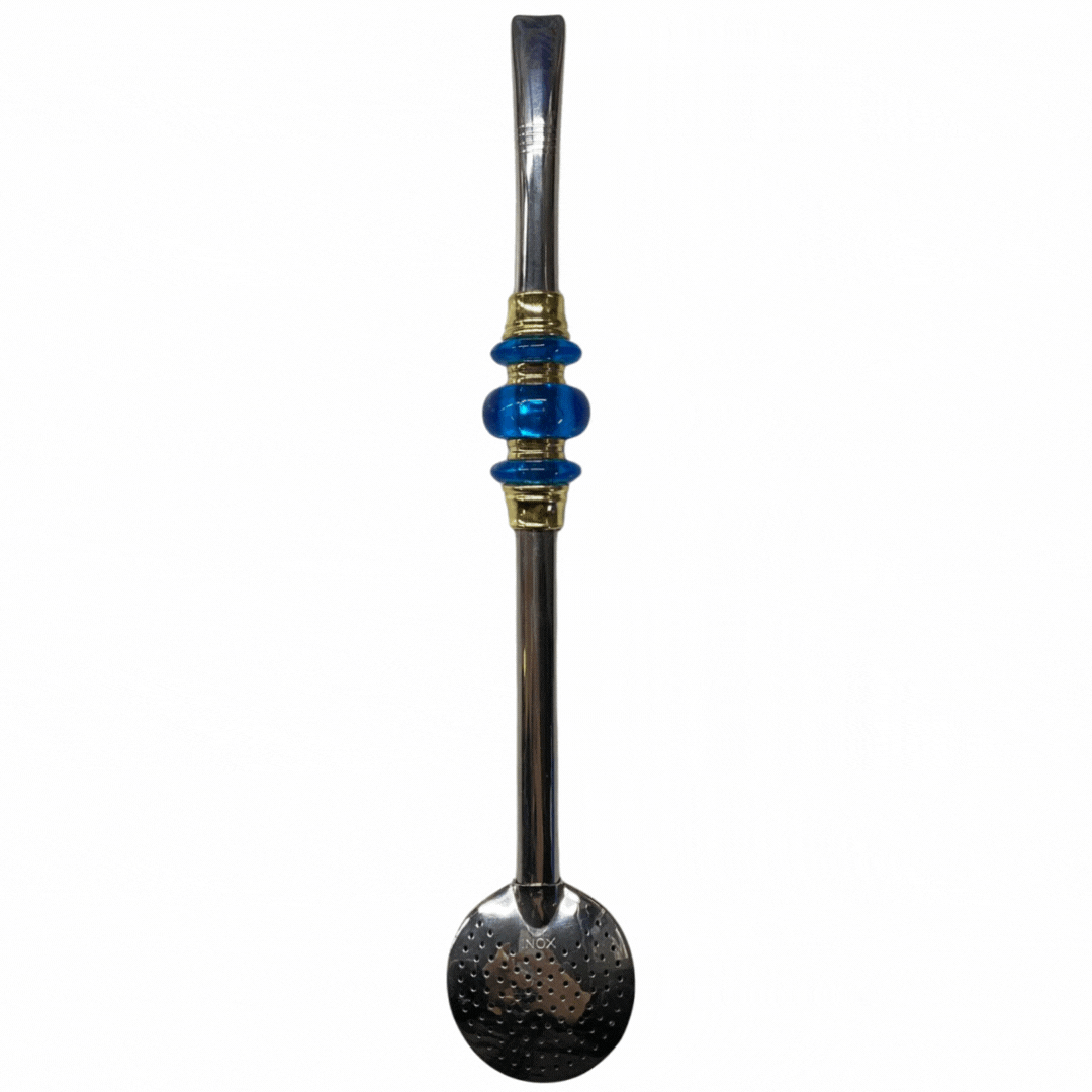 Bomba de Chimarrão Inox Azul 22 cm com 3 Anéis Dourados – Matetri