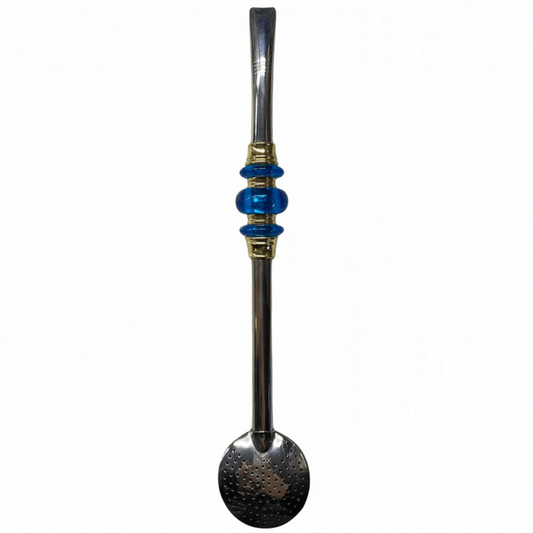Bomba de Chimarrão Inox Azul 22 cm com 3 Anéis Dourados – Matetri