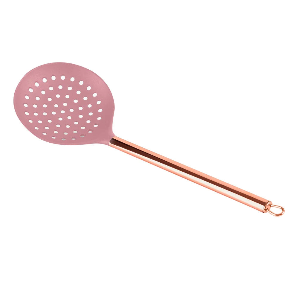 Escumadeira Plasvale Rosé Gold 32 cm – Náilon Alta Resistência + Cabo Alumínio – Utensílio Cozinha Antiaderente