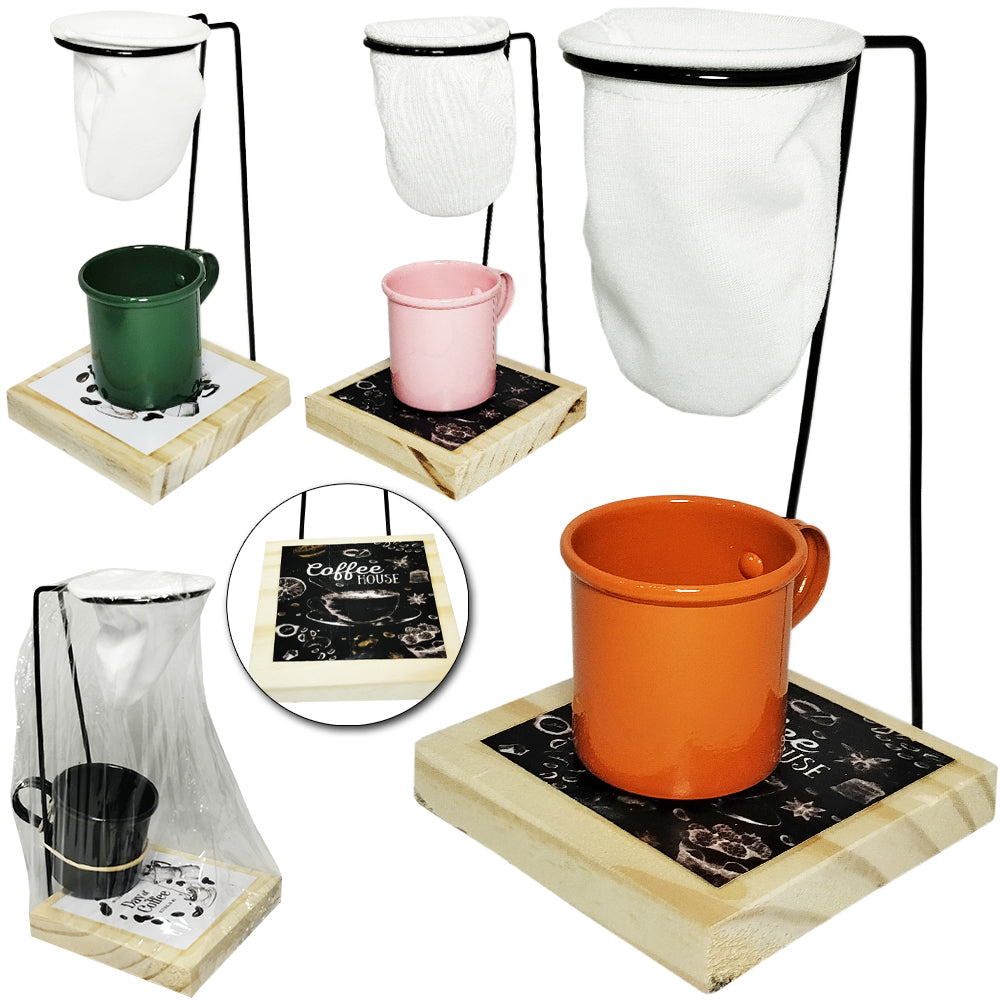 Mini Coador de Café com Base de Madeira 19 cm + Caneca Alumínio 90 ml – Kit Alumibon Fagundes