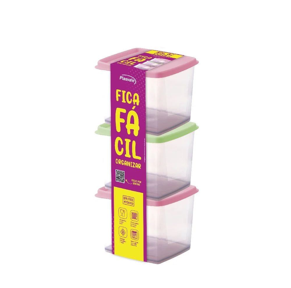 Kit 3 Potes Retangulares Biovita 800 ml Verde e Rosa | Plasvale