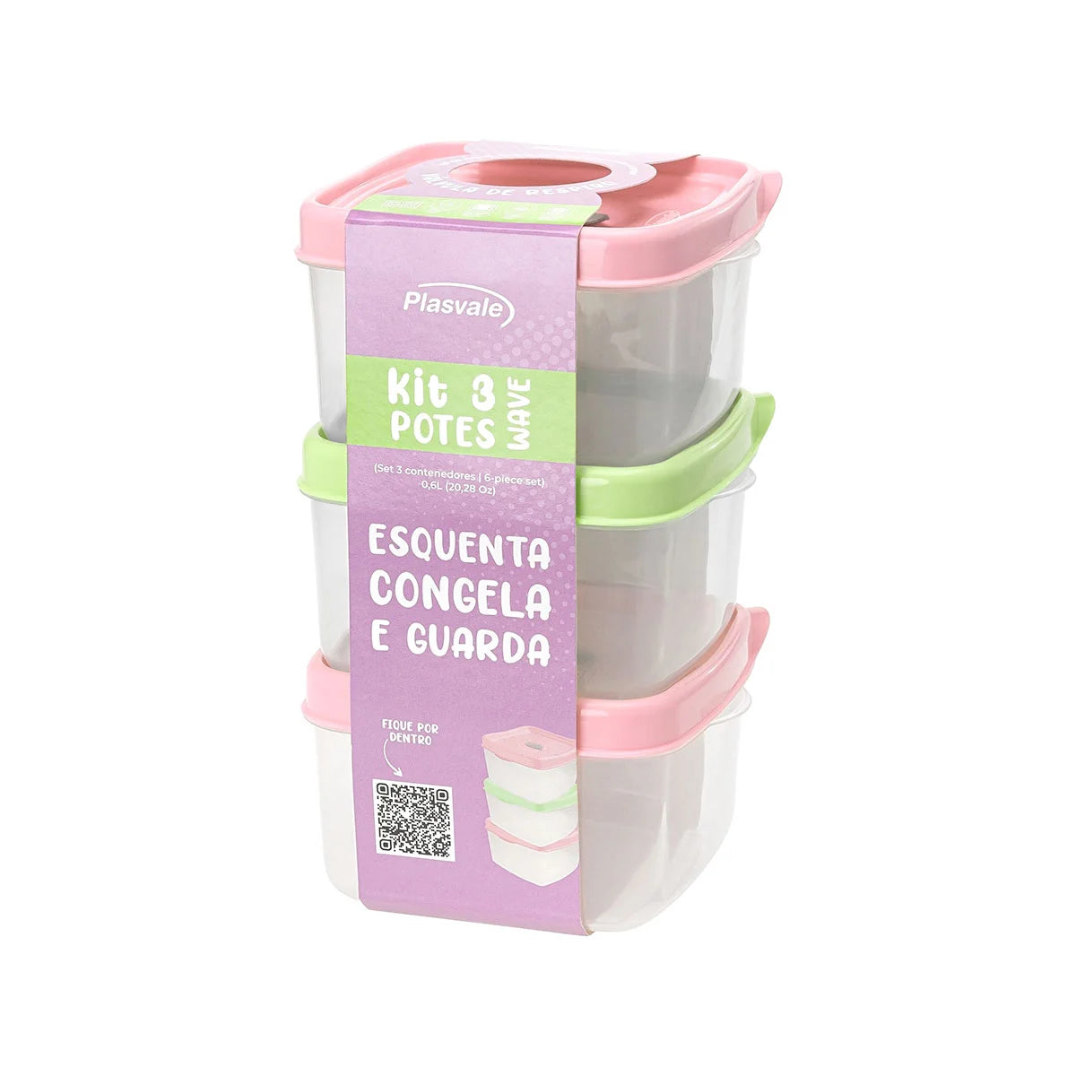 Kit 3 Potes Wave Quadrados 600 ml Verde e Rosa | Plasvale