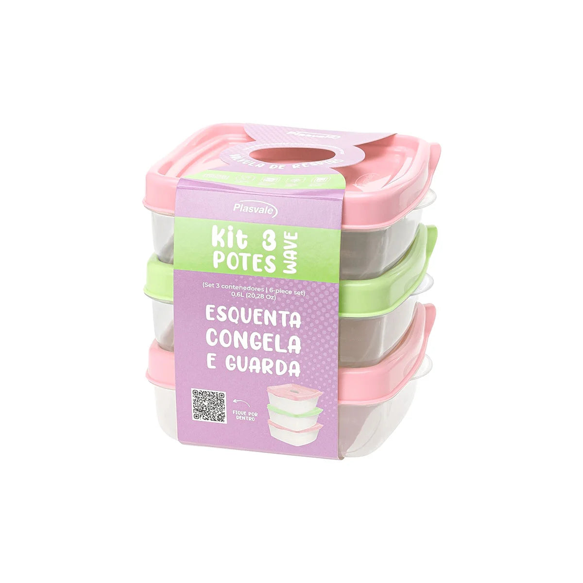Kit 3 Potes Wave Retangulares 600 ml Verde e Rosa | Plasvale