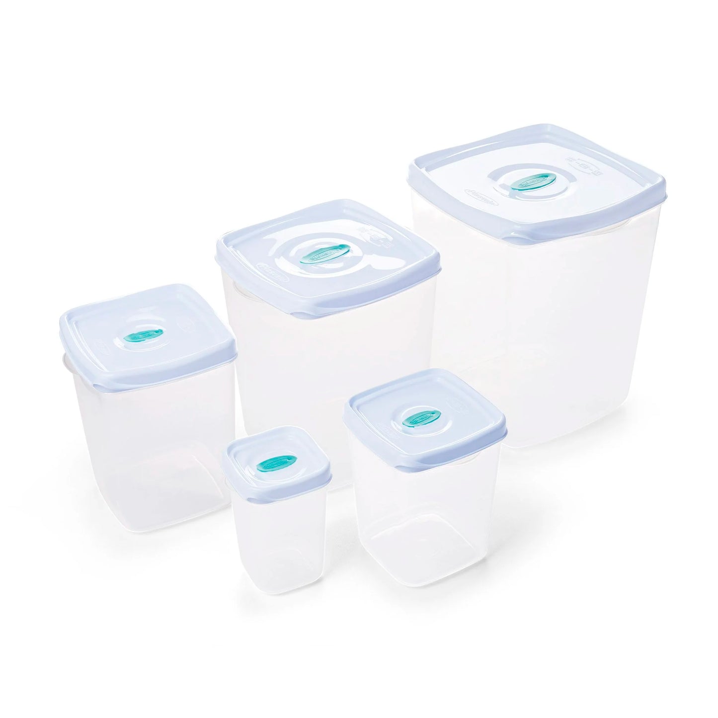 Conjunto de 5 Potes Quadrados Porta Mantimentos Branco |  500 ml - 1,3 Litro - 2,3 Litros - 4,5 Litros - 8 Litros | Plasvale