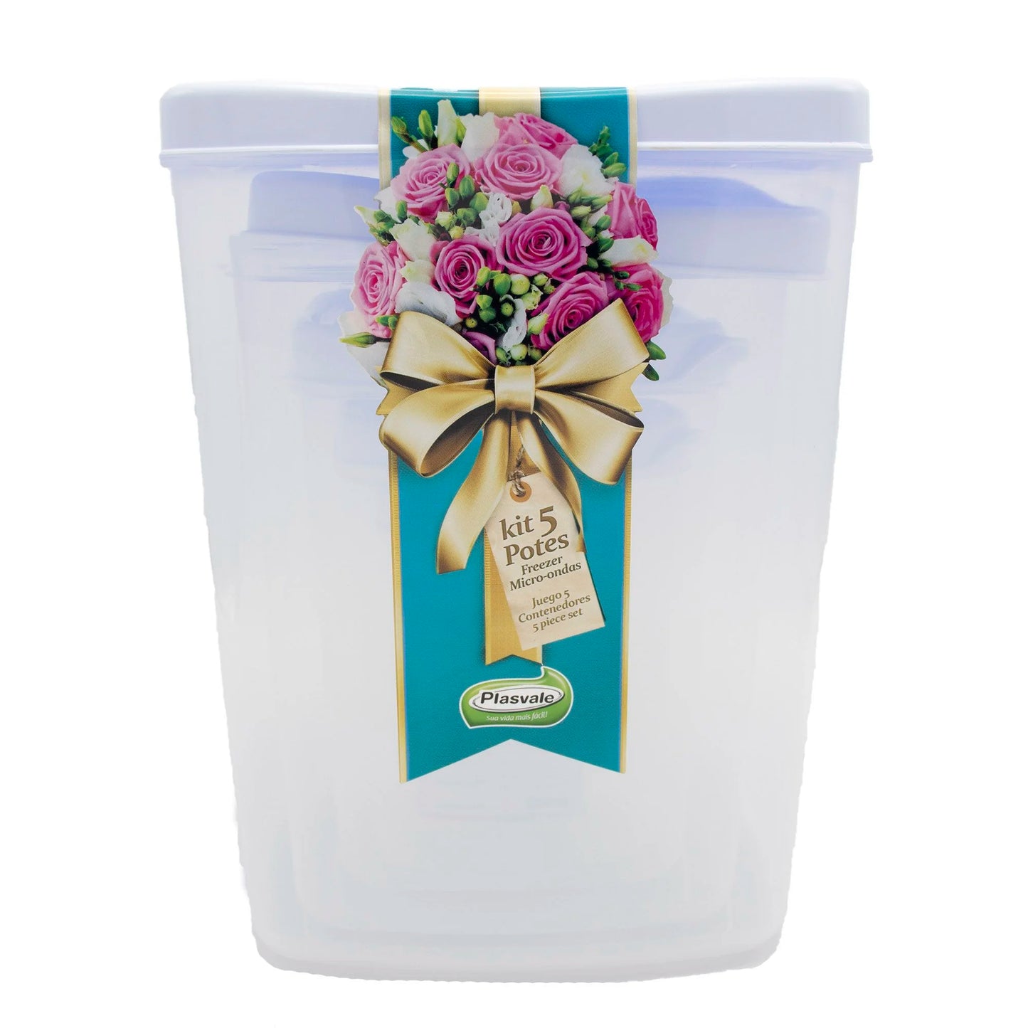 Conjunto de 5 Potes Quadrados Porta Mantimentos Branco |  500 ml - 1,3 Litro - 2,3 Litros - 4,5 Litros - 8 Litros | Plasvale
