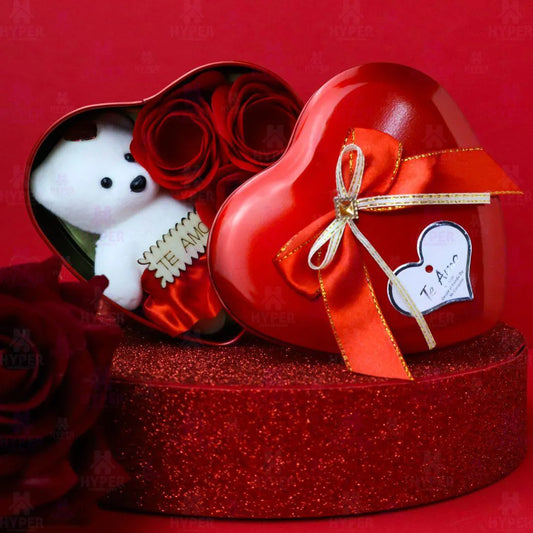 Rosas Artificiais + Urso de Pelúcia Luxo em Caixa de Presente Coração – Presente Romântico e Decorativo