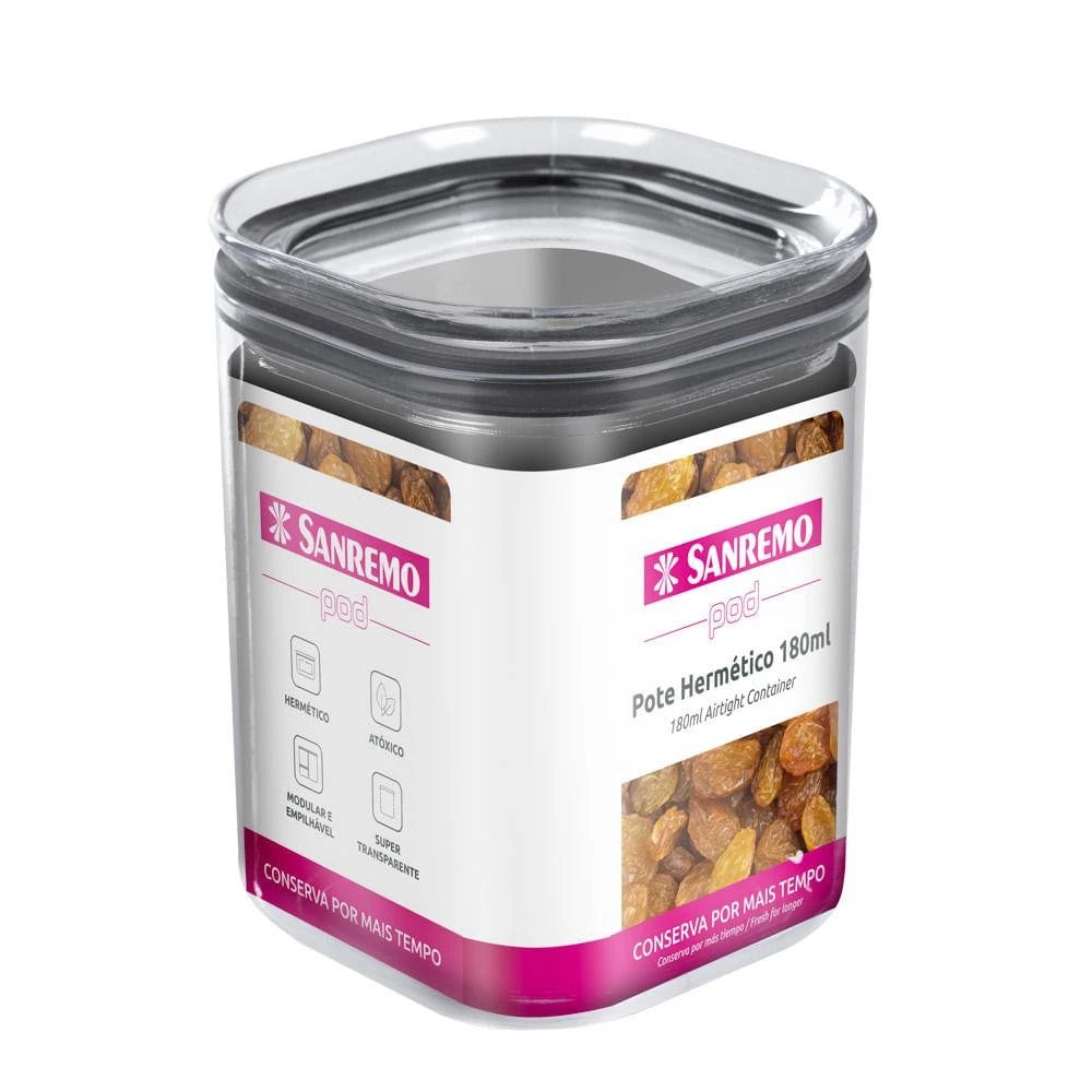 Pote Hermético PS 180 ml Sanremo 6,5 x 6,5 x 8,5 cm – Pote Hermético Pequeno 180 mL PS Transparente, Modular, Vedação com Silicone, Livre de BPA, Empilhável