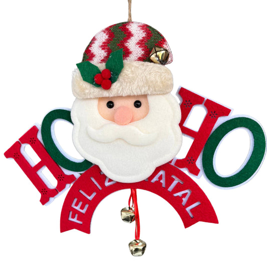 Pendente Natalino “Papai Noel Feliz Natal” – 2 Guizos – 28 cm x 25 cm (Ref. WF1535)