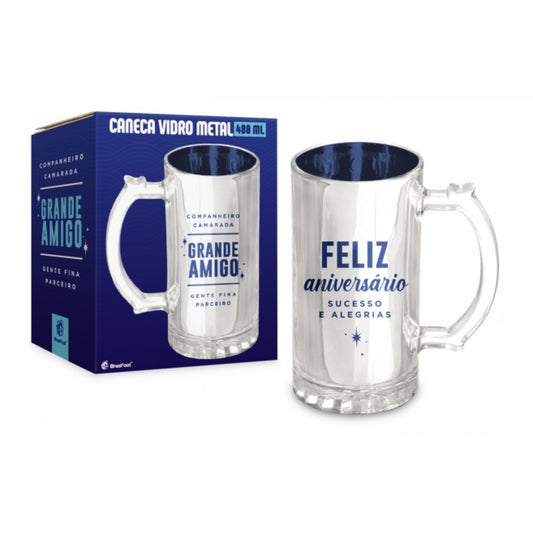 Caneca De Vidro Metalic 480 ml - Grande Amigo | BrasFoot Presentes